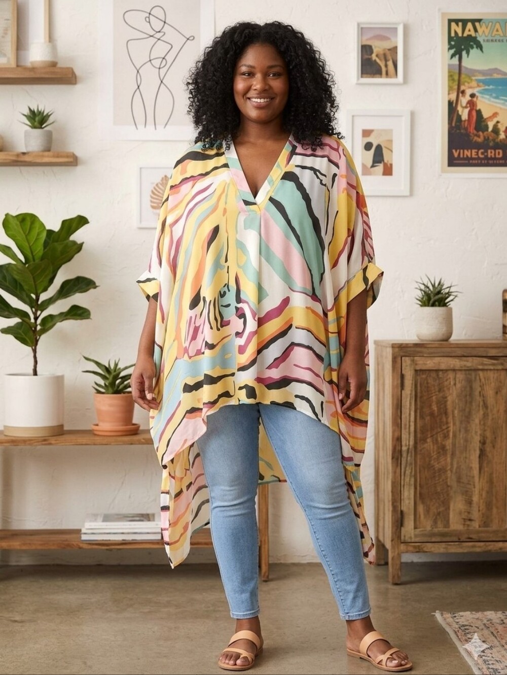 entro Pastel Abstract V-Neck Tunic Top